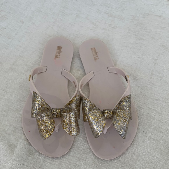 Melissa Harmonic Gold Silver Glitter Sparkle Bow Jelly Flip Flop Sandals - Picture 2 of 10